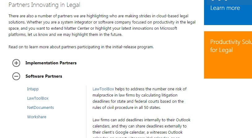 LawToolBox is listed with three others as Microsoft Software Partner in the legal vertical