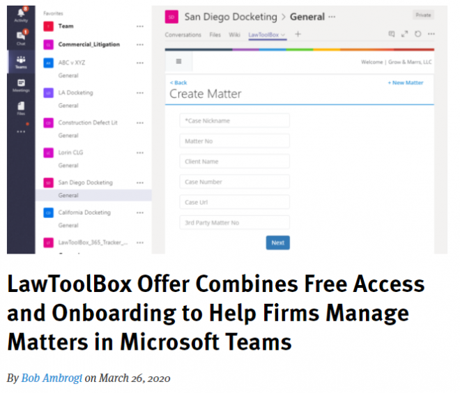 LawToolBox Offer Combines Free Access and Onboarding to Help Firms Manage Matters in Microsoft Teams