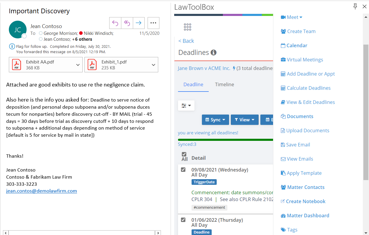 Screenshot of LawToolBox deadline calculator and matter management in Microsoft Outlook