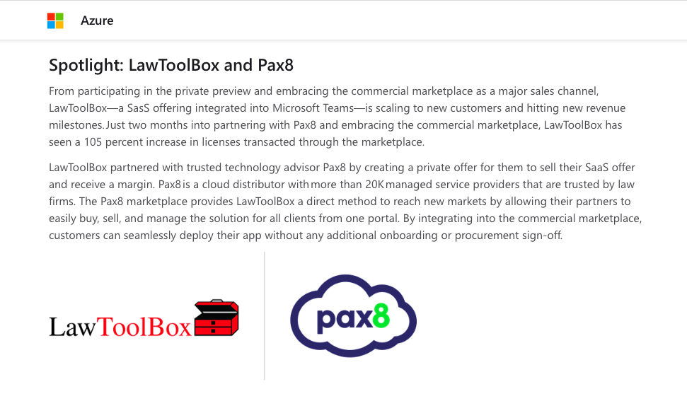 Microsoft brings together LawToolBox and Pax8 in Commercial Marketplace program.